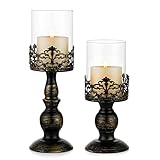 Sziqiqi Kerzenständer Set Vintage Distressed Black Hurricane Kerzenhalter 2 Stück, für Stumpenkerze Hochzeitsfeier Home Decoration Kamin Mantel Dekoration 27cm & 33cm