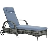 Outsunny Sonnenliege Polyrattan Gartenliege mit 5-Fach Verstellbarer Rücklehne, Polsterauflage, Rollen, Kissen, 160 kg belastbar Relaxliege Liegestuhl für Garten, 200x73x30-103cm, Grau