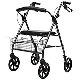 Faltbarer Rollator Rollator Rollatoren Faltbarer Standard-Gehhilfe, schwarze Mobilitäts-Gehhilfe für ältere Menschen, leichter 4-Rollen-Gehwagen mit Sitz und Korb (Farbe: Schwarz, Größe: 67 x 60 x 87