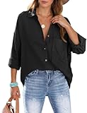 Xnova Bluse Damen Oversize Oberteile Hemd, Langarmshirt Baumwolle Hemden Blusen mit Knöpfen, Lässige Einfarbig Hemdbluse Tops V-Ausschnitt Strandhemd Blouses (Schwarz, L)