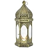 Marrakesch Boho Deko Teelichthalter Windlicht aus Metall & Glas Leyth 32cm | Orientalische Kerzenhalter Laterne modern als Marokkanische Balkon Garten oder Wohnzimmer Deko | Gartendeko für draußen