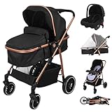 Vinteky 3 in1 Kinderwagen Buggy Kombikinderwagen Reisebuggy Komplett-Set inkl. Babywanne & Baby Sportsitz & Auto-Babyschale Zusammenklappbar Shwarz