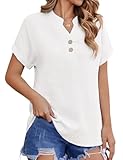 CMTOP Bluse Damen Sommer Musselin Blusen Elegant V-Ausschnitt Hemdbluse Kurzarm Hemd Oberteile Baumwolle Blusenshirt Lässiges Lockere Basic Tunika Shirt (Weiß, L)