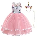 URAQT Mädchen Prinzessin Kleid, Mädchen Einhorn Cosplay Karneval Verkleidung Party Hochzeit Prinzessin Kleid mit Halskette und Stirnband, 120CM, Rosa