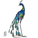 TERESA'S COLLECTIONS Outdoor-Statuen, Pfauendekoration, Hofkunst, Gartenskulpturen und Statuen für Veranda-Dekoration, Blauer Kleiner Metallvogel für Hofdekoration, 45,7 cm, Gartendekoration für den