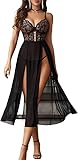 Avidlove Sexy Dessous Damen Reizwäsche Set Spitze Lingerie Netzstoff Babydoll V-Ausschnitt Unterwäsche Corsage Nachthemd Longe Nachtwäsche Seitlich Geschlitztes Negligee,SchwarzS