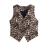 Damen Leopardenmuster Split Einreiher V-Ausschnitt Weste Top Ärmellos Casual Schnitt Slim Leopard Print Weste Top, leopard, M