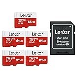 Lexar Micro SD 64 GB, Micro SD Karte bis zu 100 MB/sec(R), microSDXC Speicherkarte mit SD-Adapter, A1, U3, C10, V30, Micro SD Card 5er Pack