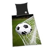 Herding Fußball Bettwäsche-Set, Kopfkissenbezug 80 x 80 cm, Bettbezug 135 x 200 cm, Microfaser, Schwarz/ grau