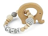 kleinerStorch Baby Holz Rassel personalisiert mit Namen | VIELE MODELLE | Mädchen & Jungen Lernspielzeug als Geschenk zur Geburt, Taufe - Handmade (Elefant)