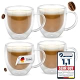 Lemontree 4er Set Cappuccino Tassen 250ml - doppelwandige Gläser mit Henkel - Design Kaffeetassen - Teegläser hitzbeständig, Espresso Tassen aus Borosilikatglas