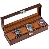 ProCase Uhrenbox mit 6 Fächern, Uhrenkasten mit Glasdeckel, Uhrenkoffer mit Uhrenkissen, Uhrenaufbewahrung, Premium-Uhrenschatulle, PU-Leder Uhrenkasten, Watch Box für Herren - 6 Fächer, Braun
