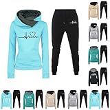 Hausanzug Damen Sportlich Jogginganzug mit Kapuze Langarm Trainingsanzug Elektrokardiogramm Druck Freizeitanzug Sportanzug Loungewear für Frauen Elegant Zweiteiler Kuschelig Homewear Lounge Set