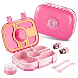 Qobobo® Brotdose mit Fächern, BPA-Frei, Lunchbox mit 5 Unterteilung 2 Brotmesser und 1 Separaten Saucenbox & geschirr, Brotzeitbox Brotbox Bento Box ideal für Kindergarten & Schule (Rosa)