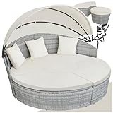 tectake Sonneninsel, Gartenliege, Muschel Sonnenliege, Aluminium Polyrattan Lounge mit klappbarem Sonnendach, wasserabweisend, Relaxliege Outdoor inkl. Kissen & Auflagen, 180 x 171 x 138 cm - hellgrau