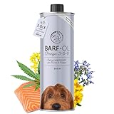 Barf Öl für Hunde 500ml Barföl mit Omega 3-6-9 aus: Lachsöl, Rapsöl, Hanföl & Borretschöl - Futteröl für Hund als Futter Topping (Barf Zusatz)