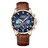 LIGE Männer Uhr Edelstahl Wasserdicht Analog Mondphase Design Quarz Armbanduhren Für Herren Chronograph Braun Lederarmband Watch for Men Mit Datum Leuchtende Business Retro Herren Uhren,Goldblau