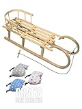 Hörnerschlitten Hörnerrodel [Holzschlitten] mit Rückenlehne Zugseil Leichtlauf-Stahlkufenbeschläge 120cm Buchenholz massiv 2 Personen + GRATIS