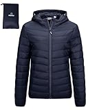 Outdoor Ventures Damen Steppjacke Leichte Packbare Übergangsjacke Warme Winterjacke mit Kapuze für Frauen Gefüttert Pufferjacke mit Taschen für Freizeit Wandern Reisen Dunkelblau L