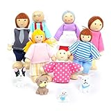 DUOCIYUAN Puppenhaus Puppen, 11 Stück Puppenhaus Figuren mit Katze und Hund Puppen Familie Set Holzpuppe Spielzeug für Kinder Puppenfamilien Biegepuppen für Minipuppen Zubehör Geschenk