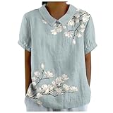 Bluse Damen Sommer Druck T-Shirt Leichte Leinenbluse Lässig Sommershirt Lose Shirt Tops Einfach Pullover-Shirt Vintage Kurzarmshirt Bequem Hemd-Oberteile Kurzarm Freizeithemd Revers Hemdblusen