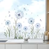 Tanlaby Blau Löwenzahn Fensteraufkleber Pflanzen Schmetterling Fensterbilder Sommer Blumen Abziehbilder Doppelseitige Statische Anti-Kollision Fenstersticker für Fenster Glastüren Dekoration