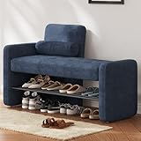 Guyii Gepolsterte Schuhbank mit Sitzfläche aus Samt, Flur Sitzbank mit Stauraum und Schuhregal, Modernes Eingangsmöbel, Bequeme Sitztruhe für Schlafzimmer & Wohnzimmer, Blau