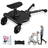 ENERHUB Buggy Board mit Sitz, Kiddy Board mit Aufbewahrungstasche Kompatibel für 99% Kinderwagen, Trittbrett für Kinderwagen Universal, hält Kinder im Alter von 2-6 Jahren bis zu 25 kg (Schwarzes Rad)