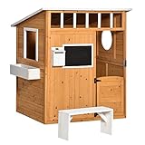 Outsunny Spielhaus für Kinder Holz Kinderspielhaus mit Fenster Briefkasten Outdoor Gartenspielhaus mit Blumentopfrack Holzspielhaus für 3-8 Jahre Tannenholz Natur 122 x 108 x 135,5 cm