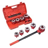 6-tlg Schneidkluppe Rohrgewindeschneider mit 6 Schneidköpfen 1/4', 3/8', 1/2', 3/4', 1', 1-1/4' Schneideisen mit Ratschenverlängerung, Rohrschneider mit Koffer