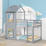 Kinderbett 90x200 Etagenbett für 2 Kinder, Hausbett Hochbett mit Leiter und Baldachin, Baumhausbett Stockbett Kinderhochbett Jugendhochbett mit Rausfallschutz und Lattenrost, Ohne Matratze, Grau