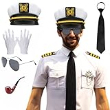 Marine Hemdanzug für Herren 8 Stück Hemd Kapitän Kostüm Mit Schulterklappen Goldene Ankerbrosche Marinehut Pfeife Sonnenbrille Schwarze Krawatte Handschuhe für Halloween Karneval Cosplay Party (XL)