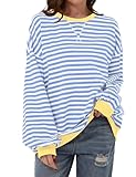 TERIVEEK Damen-Sweatshirt, Oversize, gestreift, Farbblock, langärmelig, Rundhalsausschnitt, lässig, locker, Y2K-Shirt, blau / weiß, S