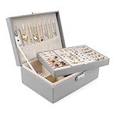 Homeanda Schmuckkästchen mit Schloss - Große Schmuckschatulle aus Leder für Damen, Schmuckbox mit 2 Ebenen (Grau)