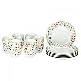 van Well Vario Frühstücksset 12-teilig Kombi-Service 6 Personen - Geschirr-Set Kaffee, Frühstück & Tafel - je 6 kleine, flache Frühstücksteller & Kaffeebecher aus Porzellan - Flower-Design
