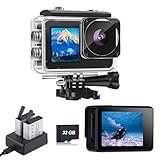 Xilecam Dual Screen Action Cam 1080P 32 GB Karte wasserdichte Kamera, 4 x Zoom, 131 Fuß (40 m), wasserdichte Unterwasserkamera mit 2 x 1050 mAh Akku und Multifunktionalem Zubehör