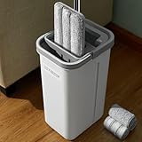 JOYMOOP Wischmopp und Eimer mit Auswringer-Set, freihändiger Flacher Bodenwischer und Eimer, mit 3 waschbaren Mikrofaser-Pads, Nass- und Trockengebrauch, Bodenreinigungssystem