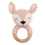 Babyspielzeug Beißring/Greifling mit Lasergravur und Name | Babygeschenk zur Geburt für neugeborene | Jollein - Reh in Rosa