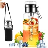 OCCOUMR Trinkflasche Glas, 1L, Wasserflasche Trinkflasche Glas mit Neoprenhülle, Teeflasche mit Sieb für Tee, Glasdeckel als Becher verwendbar, für Wasser & Getränken (1000ml)