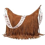 Sunwel Fashion Damen-Hobo-Tasche mit Fransen, Western-Geldbörse, Umhängetasche, veganes Wildleder, Quaste, Hippie-Umhängetasche, Braun