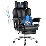 IWMH Bürostuhl Ergonomischer mit Fußstütze und Lendenwirbelstütze, PU Leder Chefsessel 200KG, Drehstuhl mit Armlehnen und Kopfstütze Höhenverstellbarer (Schwarz)