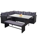 Mendler Poly-Rattan-Garnitur HWC-A29, Gartengarnitur Sitzgruppe Lounge-Esstisch-Set, mit Bank schwarz - Kissen dunkelgrau