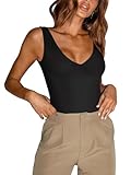 REORIA Damen Sommer Sexy Plunge Tiefer V-Ausschnitt Ärmellos Doppelt gefüttert Einteilige Tanktops Tanga Bodysuits Trikots zum Ausgehen Schwarz Klein