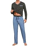 Demegimi Herren Pyjama Lang Streifen Schlafanzüge für Herren Baumwolle lang Langarm Shirt gestreifte Pyjamahose mit Tasche,Grau,L