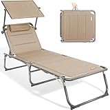 Homecall Sonnenliege mit Dach, Kopfstütze, 5-Fach verstellbare Rückenlehne, Garten Liegestuhl Klappbar, Sonnenliege Klappbar, Bis 180 kg für Garten, Outdoor, Balkon, Camping - XXL, Beige