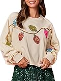 Kouoybt Damen-Sweatshirt, Weihnachts-Pailletten, Glitzer, langärmelig, Rundhalsausschnitt, glitzernd, bedruckt, G-Aprikose, L