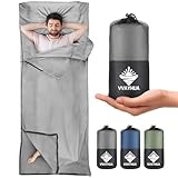 VVAYHUA Hüttenschlafsack,2in1 Reiseschlafsack aus Mikrofaser,Zwei-Wege-Reißverschlüsse Legen die Füße separat frei,Erwachsene Camping Blatt für Rucksacktourismus, Hotel, Geschäftsreisen(Grau)