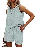 Paaruter Damen Sommer 2-teiliges Outfit Ärmelloses Tanktop Passende Shorts Sets Gestreifter Trainingsanzug Aus Baumwolle Grün Streifen L