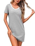 Litherday Nachthemd Damen Kurzarm Baumwolle Schlafshirt Sommer Sleepshirt Negligee Nachtkleid Sleepwear V-Ausschnitt Nachthemden für Damen Grau XL