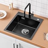 Sofetiy Spülbecken Schwarz 45x48cm, Spüle Küche inkl. Siphon, Küchenspüle Edelstahl Eckig für Unterschränke ab 45 cm Breite, Waschbecken Küche Klein Einbauspüle Edelstahlspüle 1 becken
